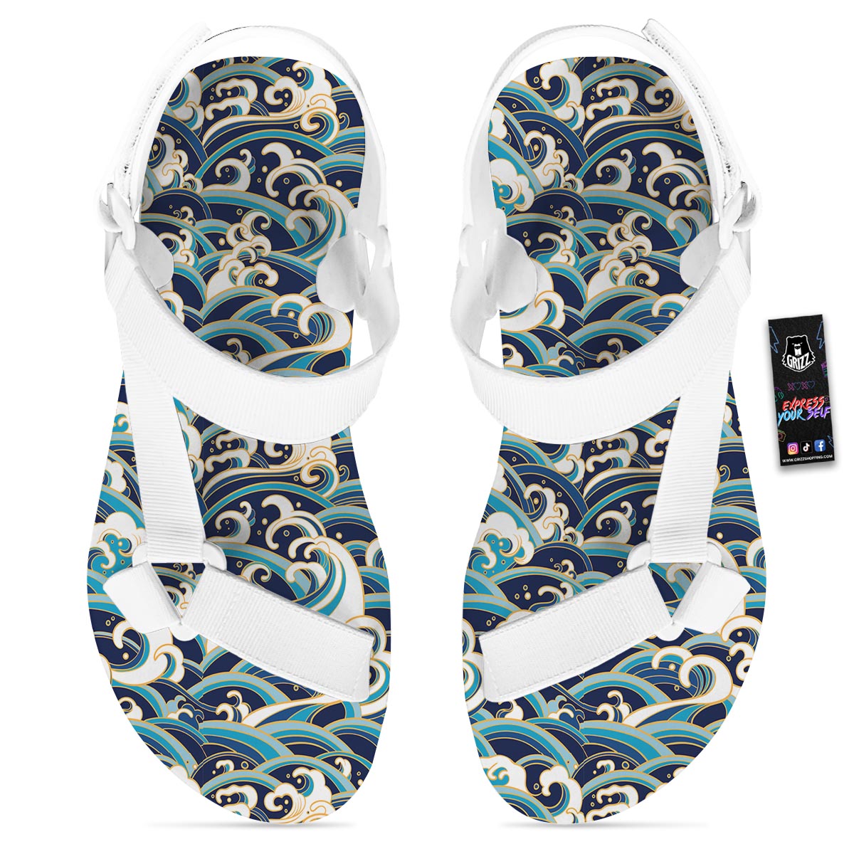Surfing Sea Wave Print Pattern White Open Toe Sandals-grizzshop