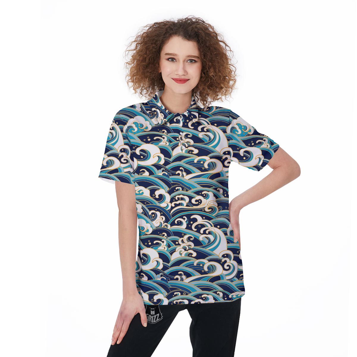 Surfing Sea Wave Print Pattern Women's Golf Shirts-grizzshop