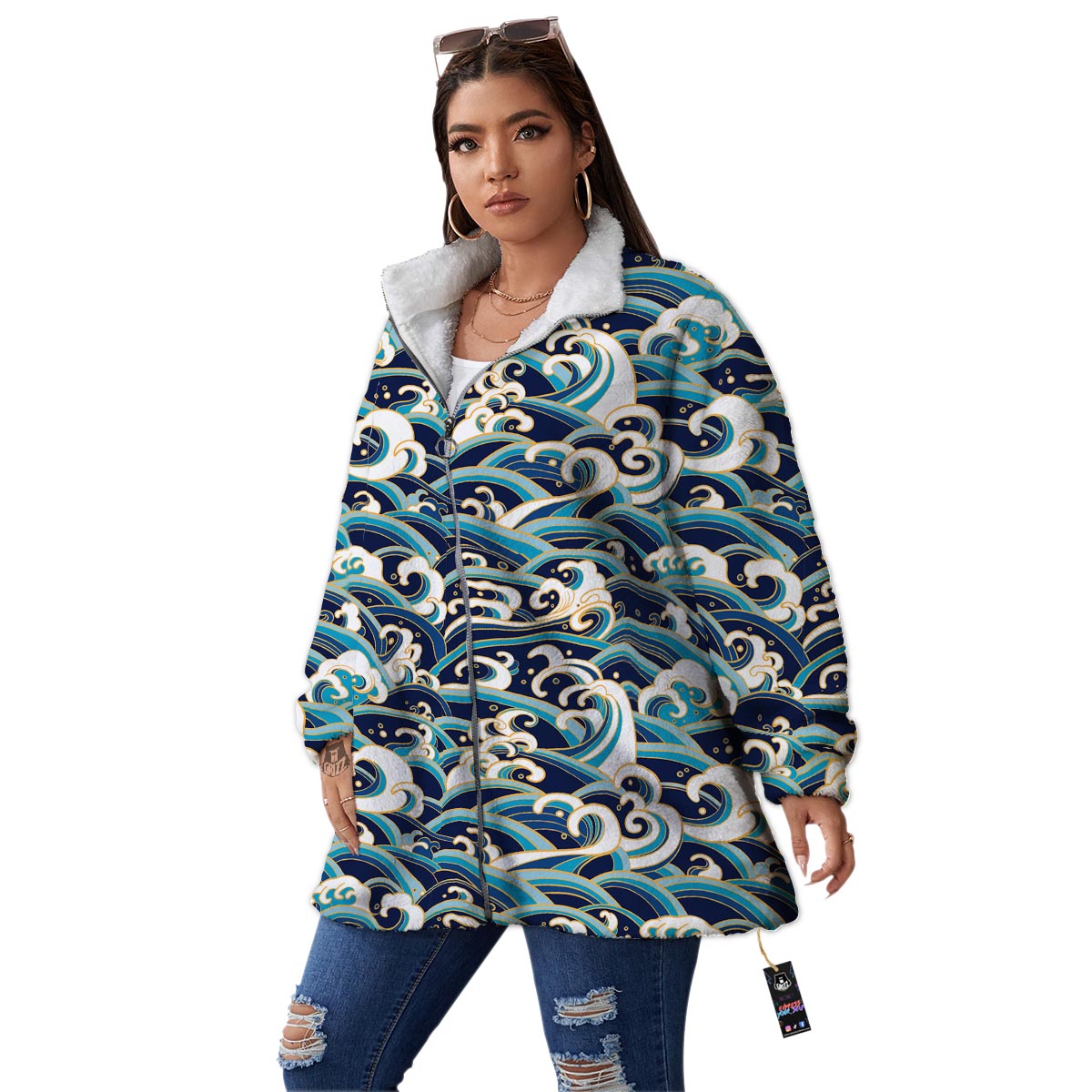 Surfing Sea Wave Print Pattern Women's Sherpa Jacket-grizzshop