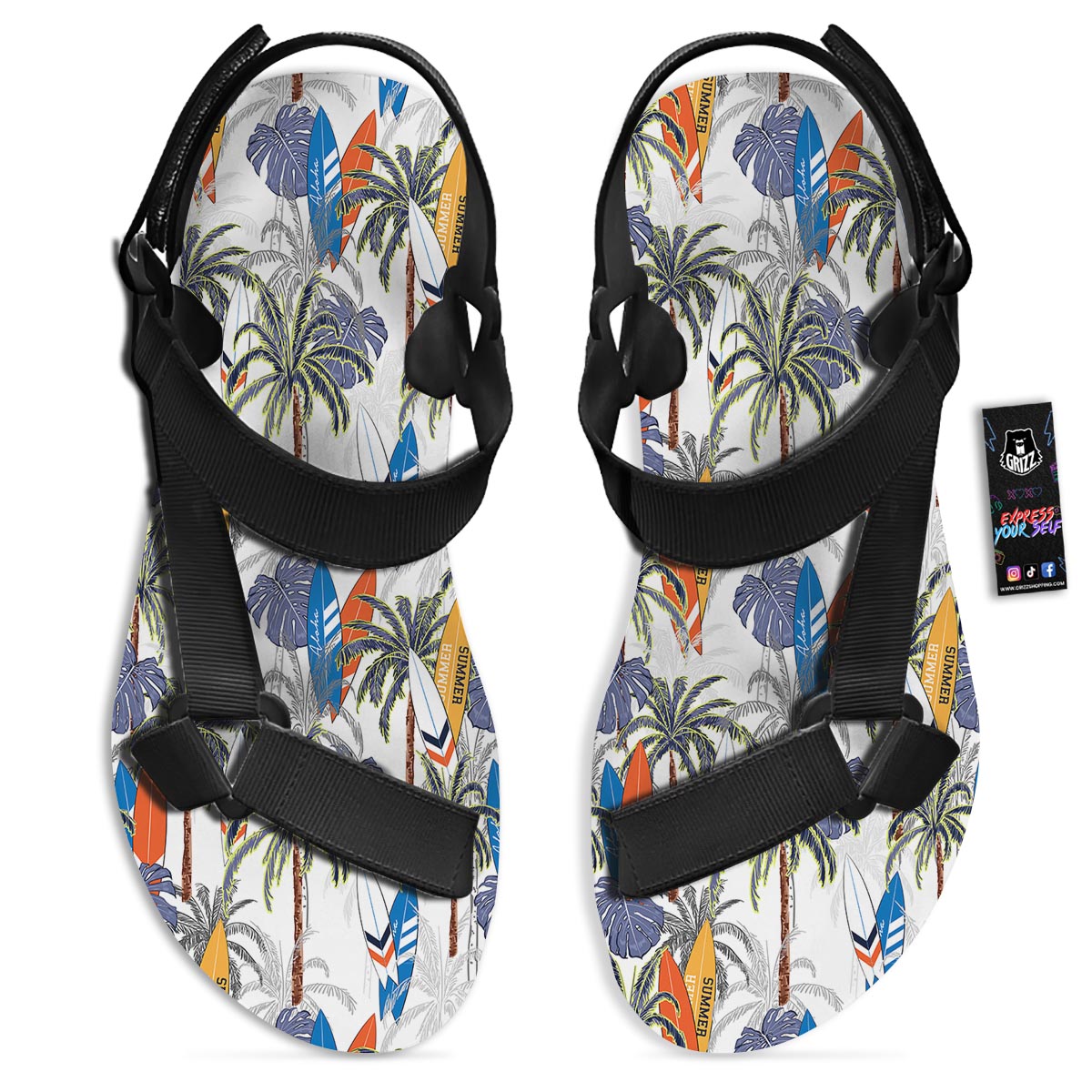 Surfing Summer Print Pattern Black Open Toe Sandals-grizzshop