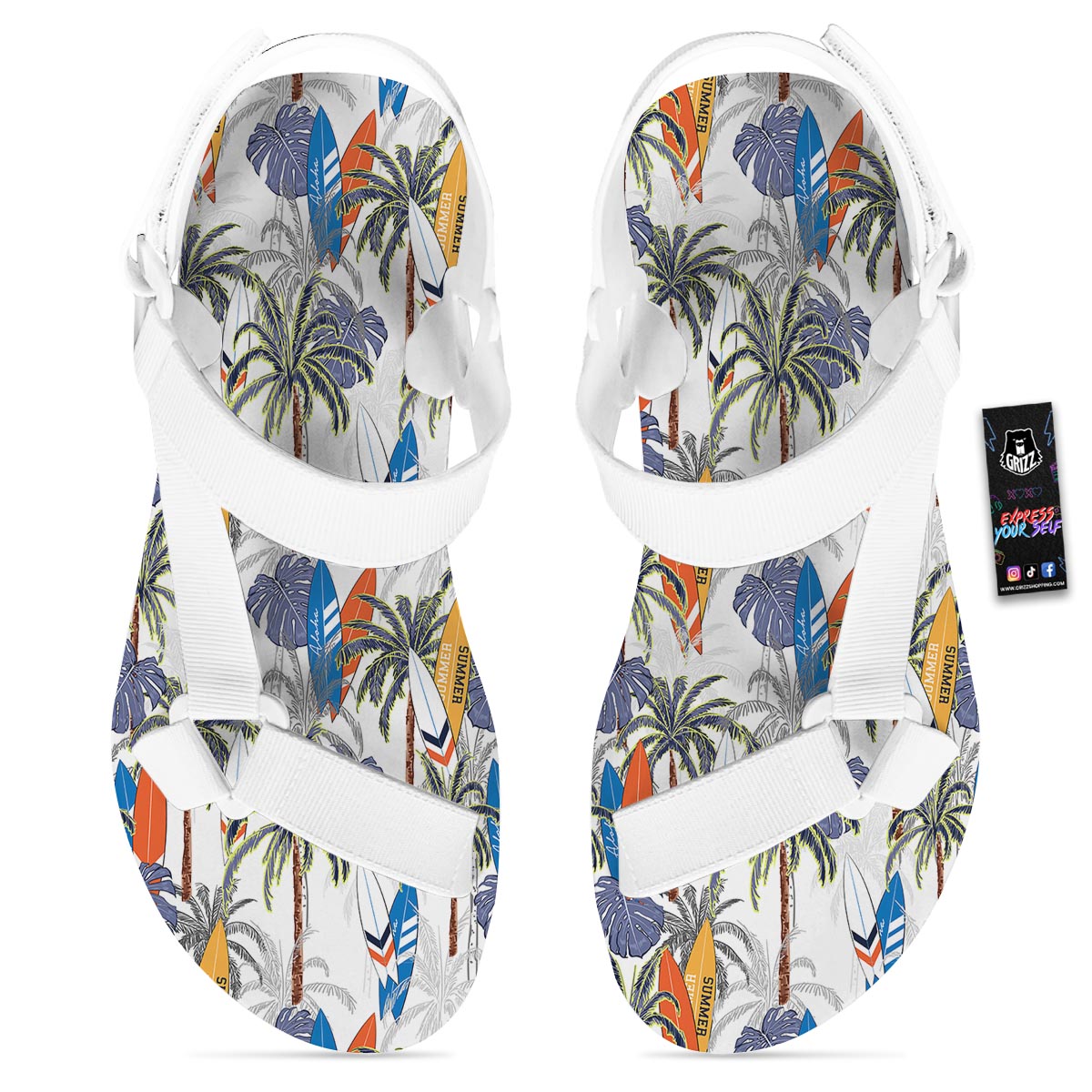 Surfing Summer Print Pattern White Open Toe Sandals-grizzshop