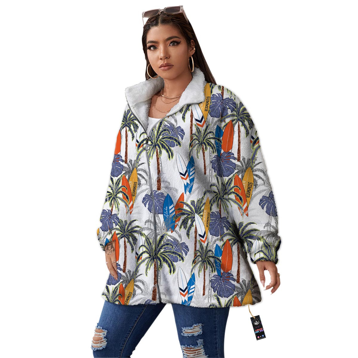 Surfing Summer Print Pattern Women's Sherpa Jacket-grizzshop