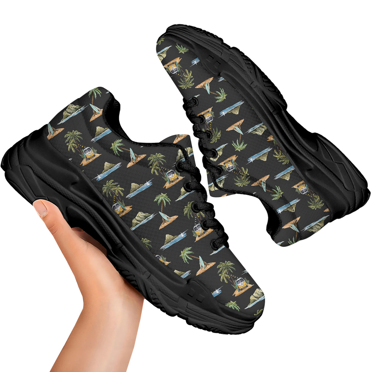 Surfing Watercolor Print Pattern Black Chunky Shoes-grizzshop