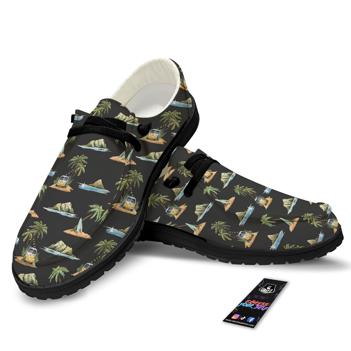 Surfing Watercolor Print Pattern Black Loafers-grizzshop