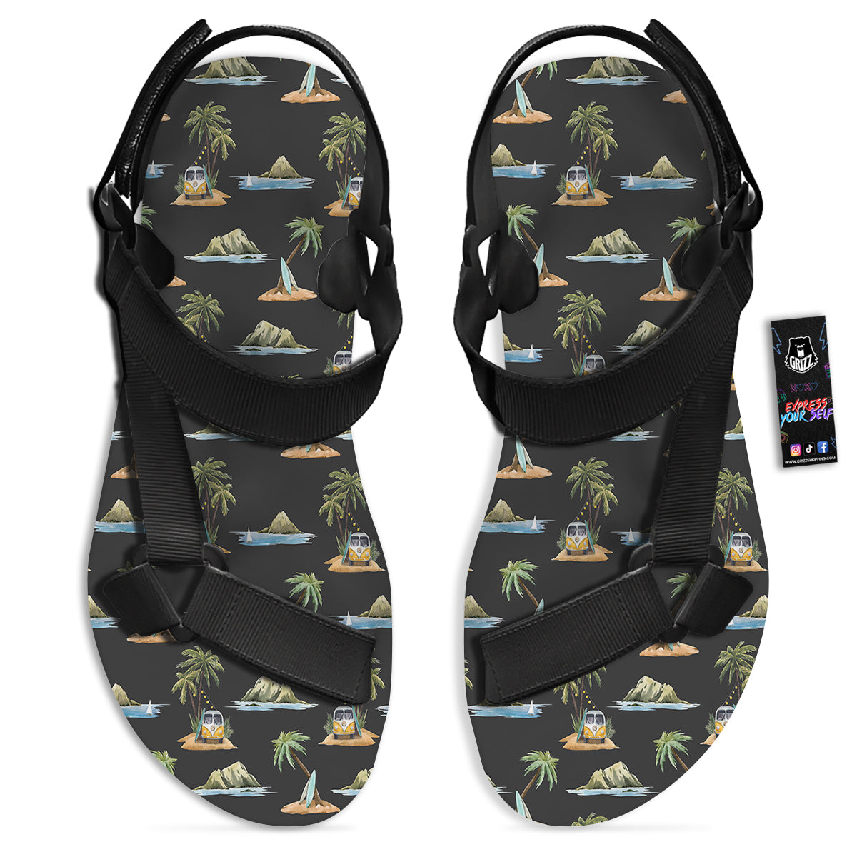 Surfing Watercolor Print Pattern Black Open Toe Sandals-grizzshop