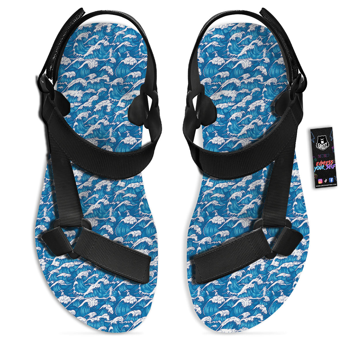 Surfing Wave Blue Print Pattern Black Open Toe Sandals-grizzshop