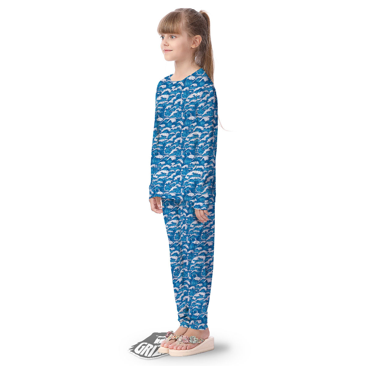 Surfing Wave Blue Print Pattern Kid's Pajamas-grizzshop