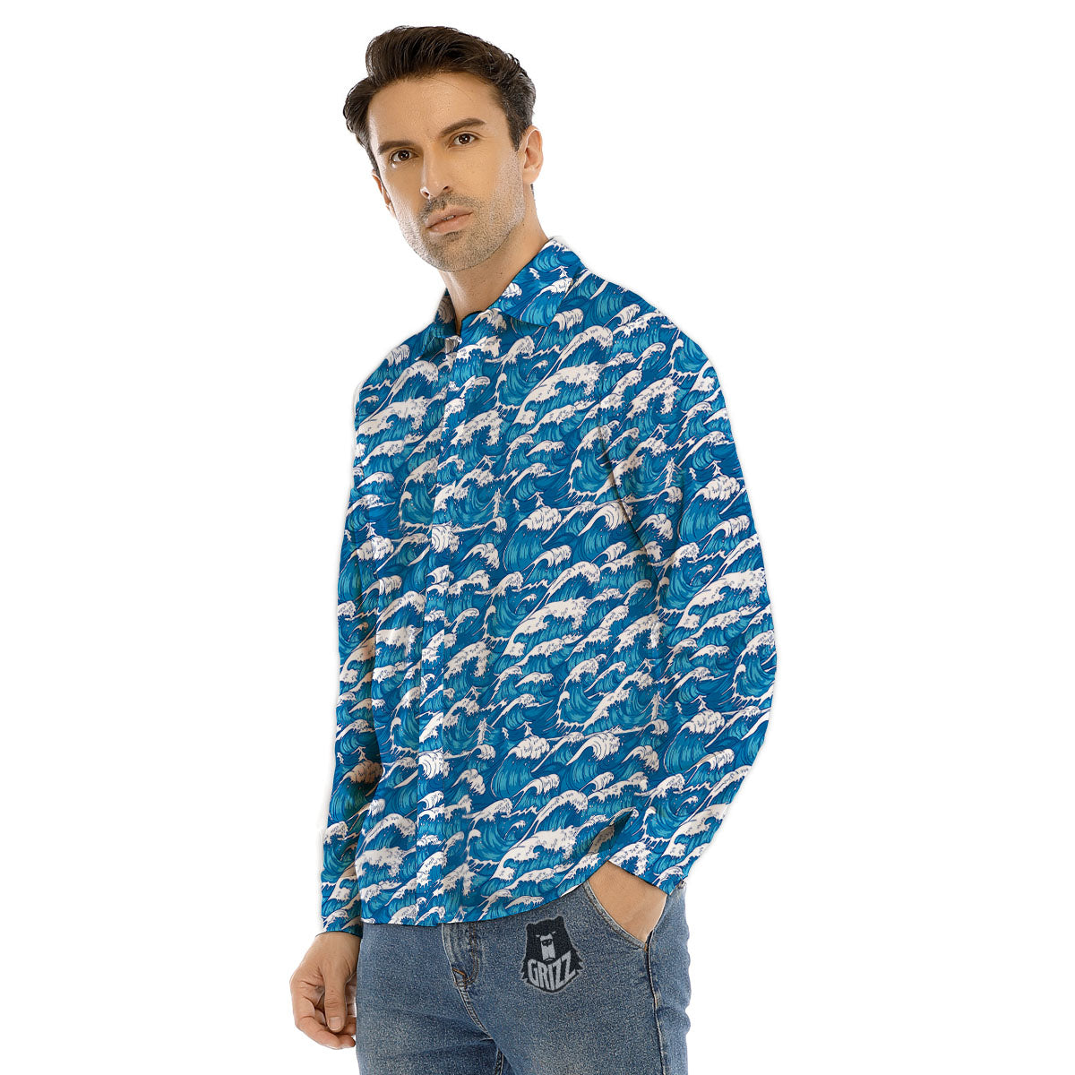 Surfing Wave Blue Print Pattern Men's Dress Shirts-grizzshop
