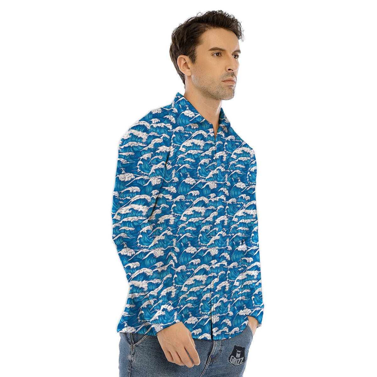 Surfing Wave Blue Print Pattern Men's Dress Shirts-grizzshop
