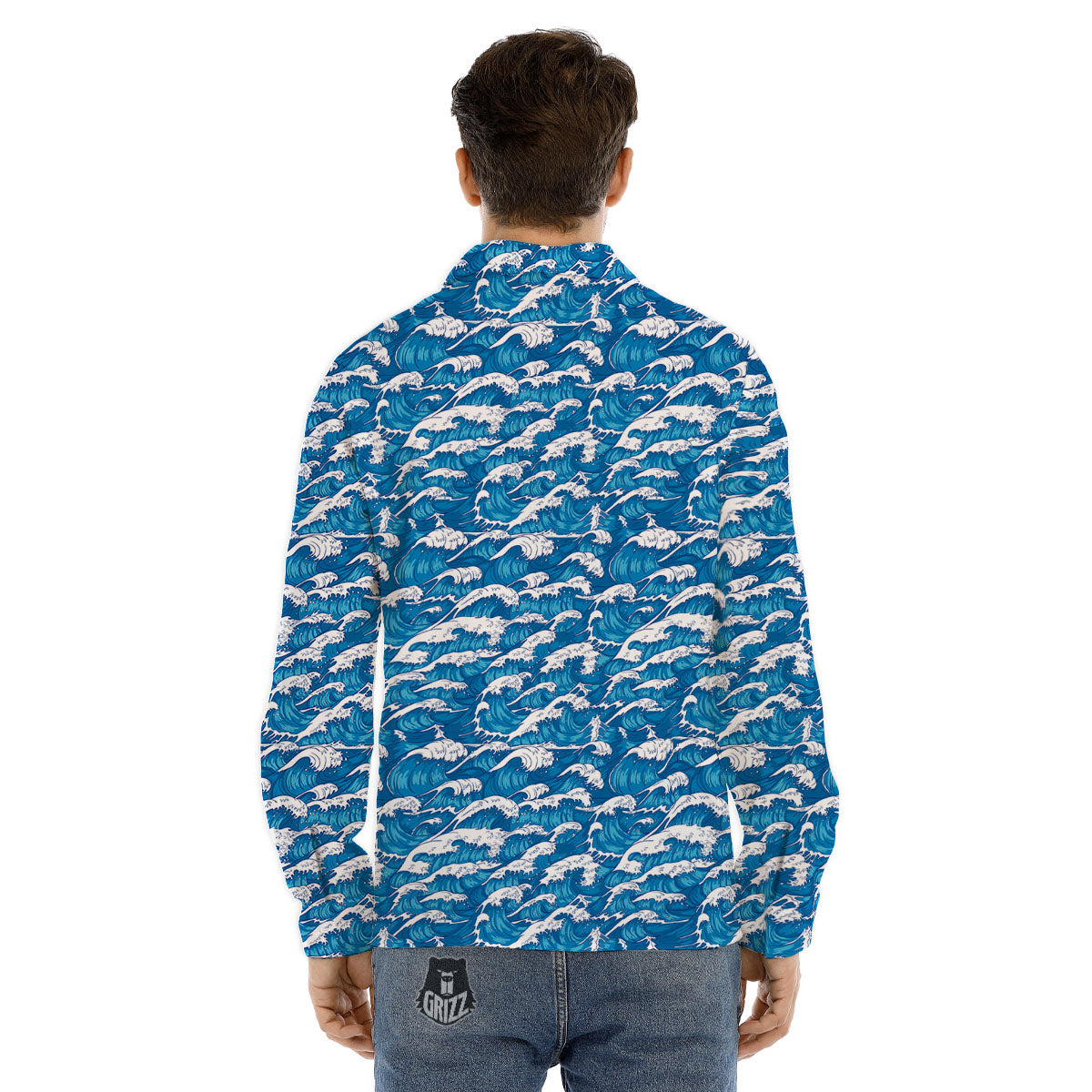 Surfing Wave Blue Print Pattern Men's Dress Shirts-grizzshop