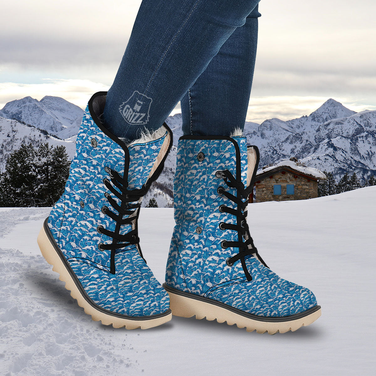 Surfing Wave Blue Print Pattern Snow Boots-grizzshop