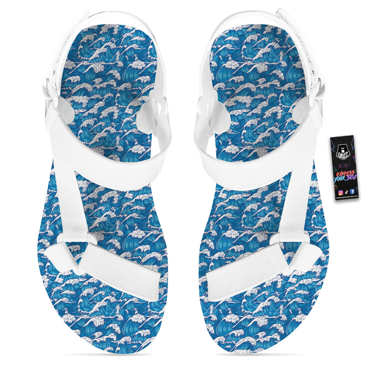 Surfing Wave Blue Print Pattern White Open Toe Sandals-grizzshop