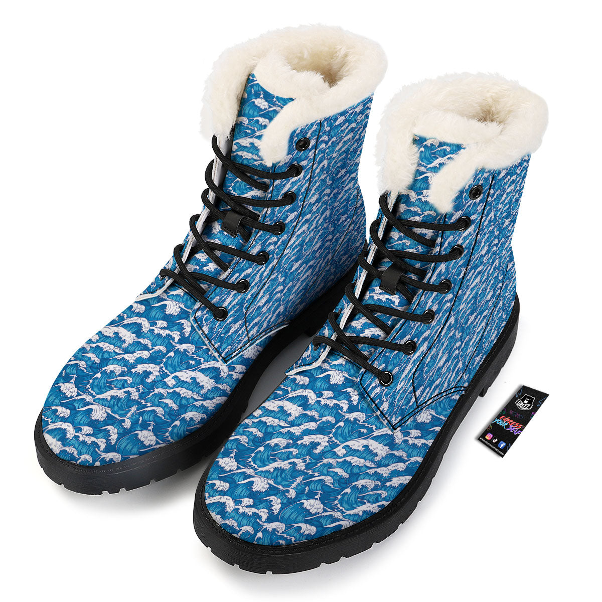 Surfing Wave Blue Print Pattern Winter Boots-grizzshop