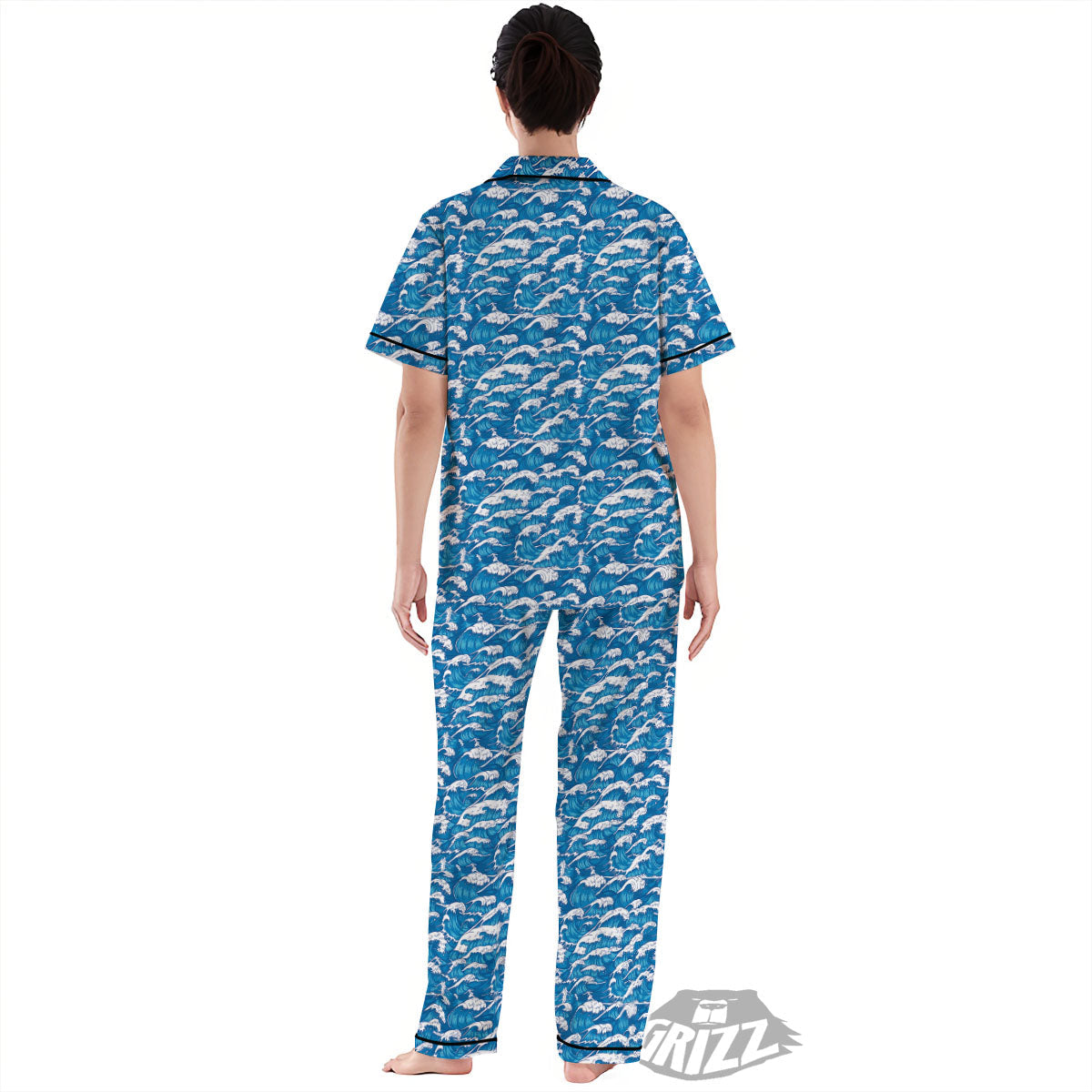 Surfing Wave Blue Print Pattern Women's Pajamas Set-grizzshop
