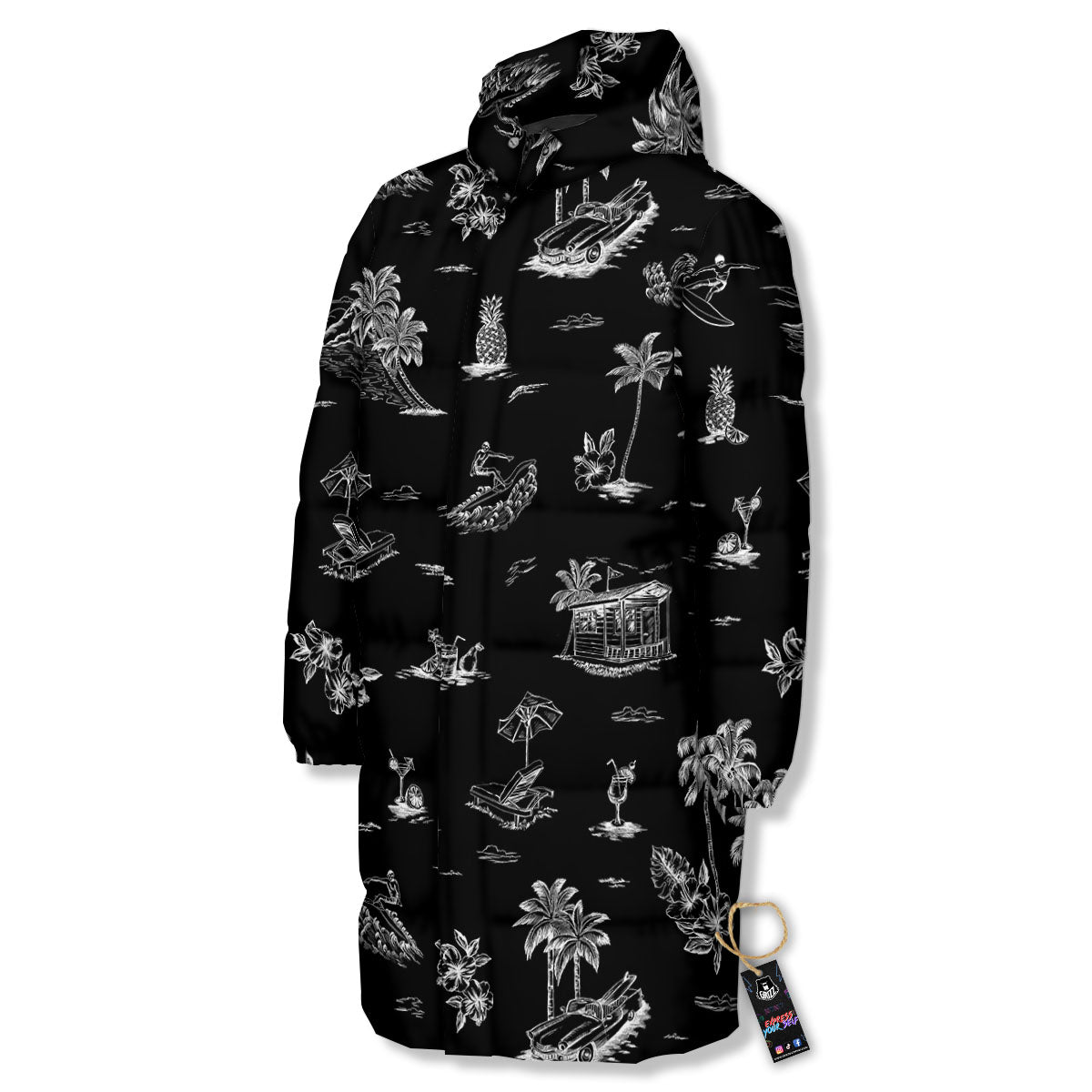 Surfing Black White Print Pattern Long Down Jacket