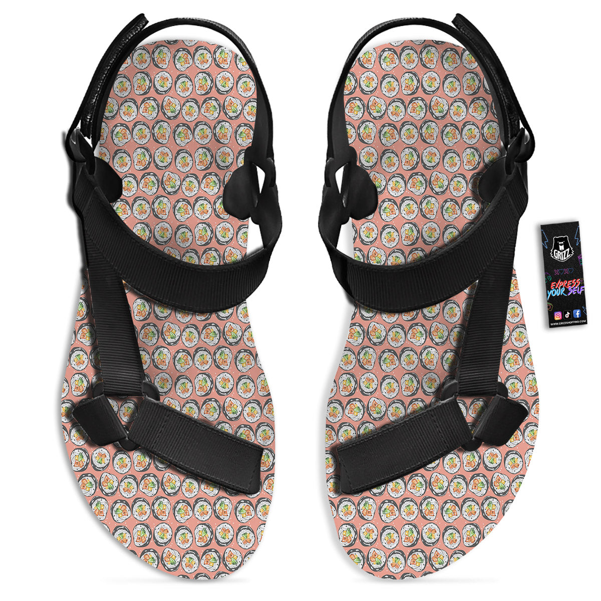 Sushi Colorful Print Pattern Black Open Toe Sandals-grizzshop