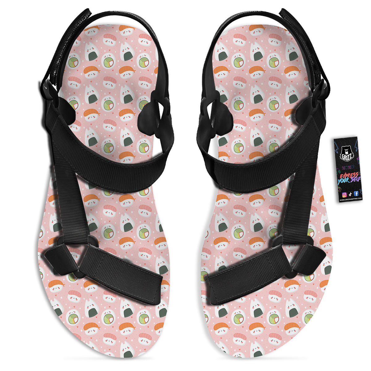 Sushi Cute Japanese Print Pattern Black Open Toe Sandals-grizzshop