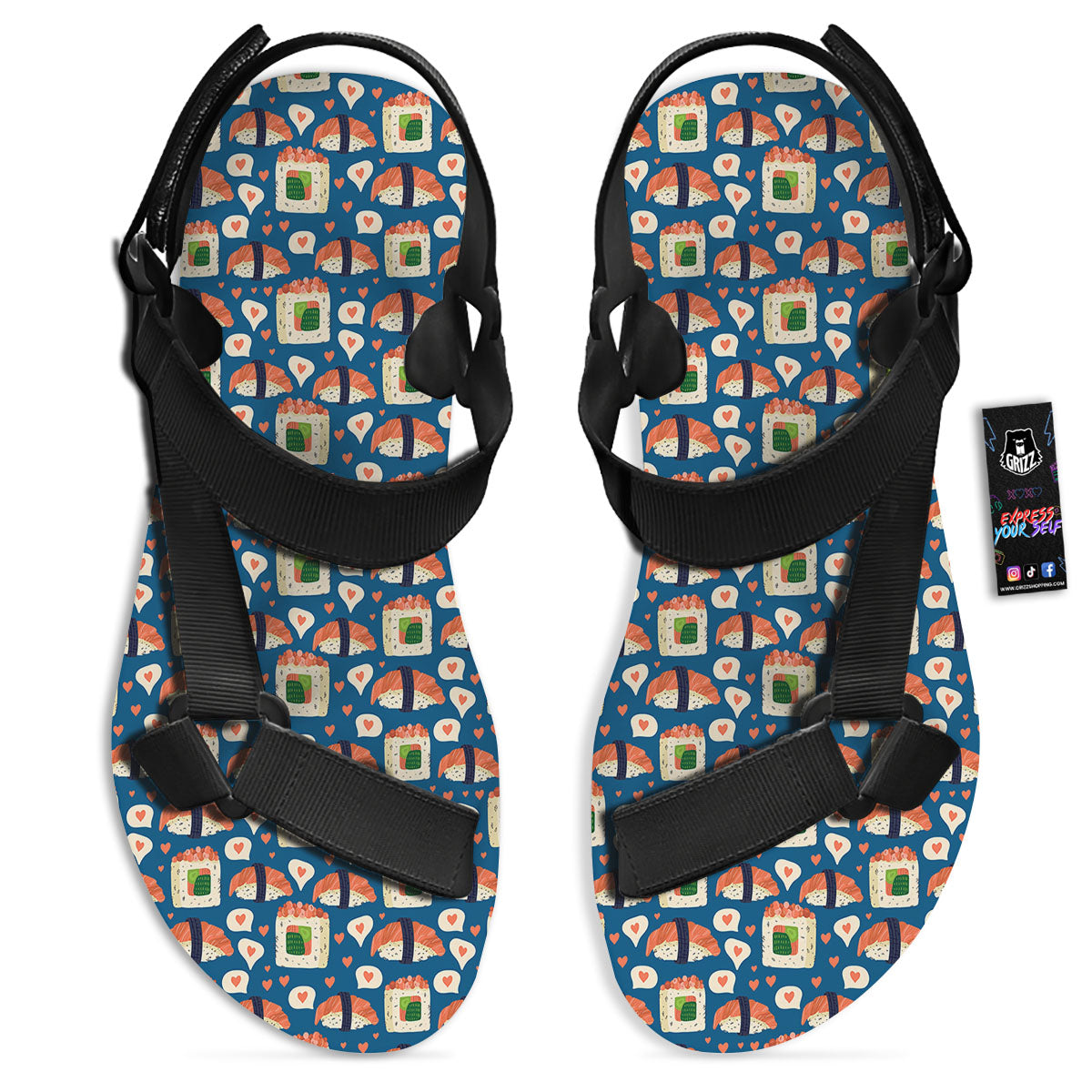 Sushi Doodle Japanese Print Pattern Black Open Toe Sandals-grizzshop