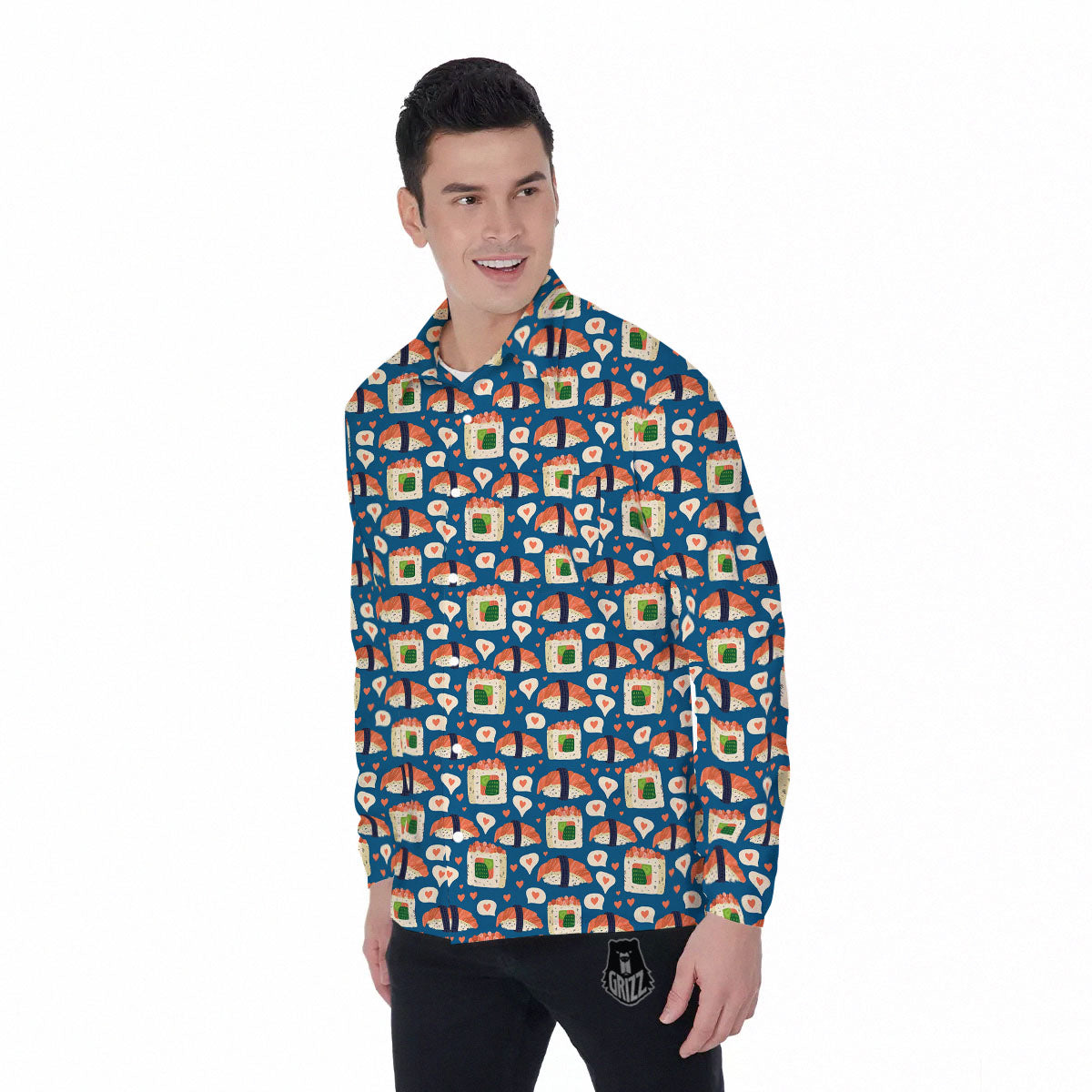 Sushi Doodle Japanese Print Pattern Men's Long Sleeve Shirts-grizzshop