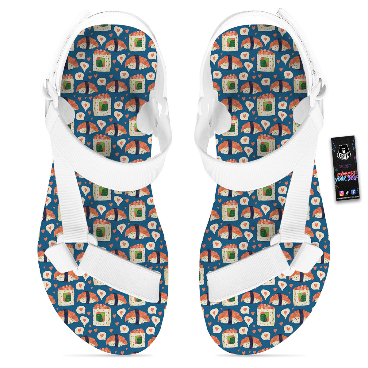 Sushi Doodle Japanese Print Pattern White Open Toe Sandals-grizzshop