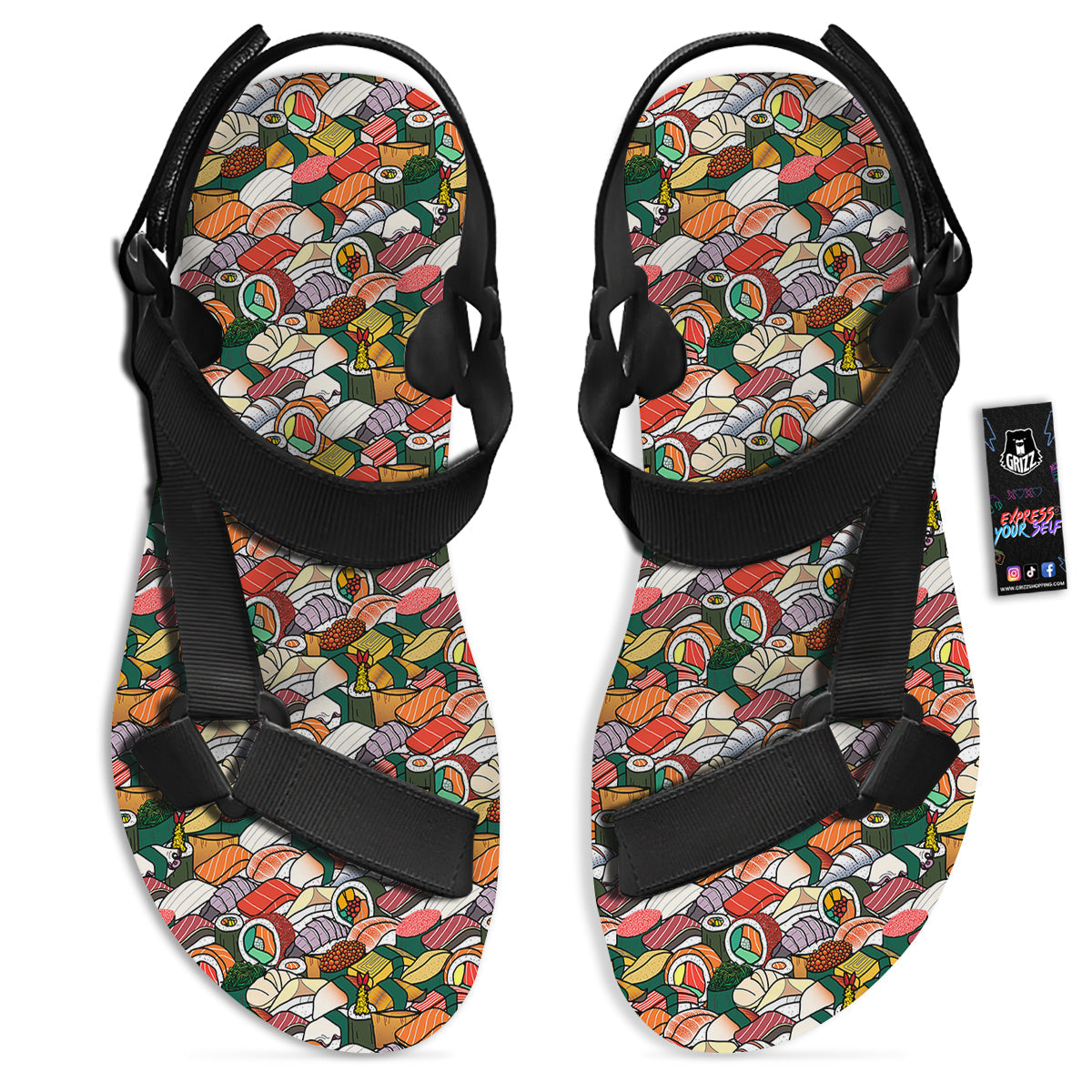 Sushi Japanese Colorful Print Pattern Black Open Toe Sandals-grizzshop