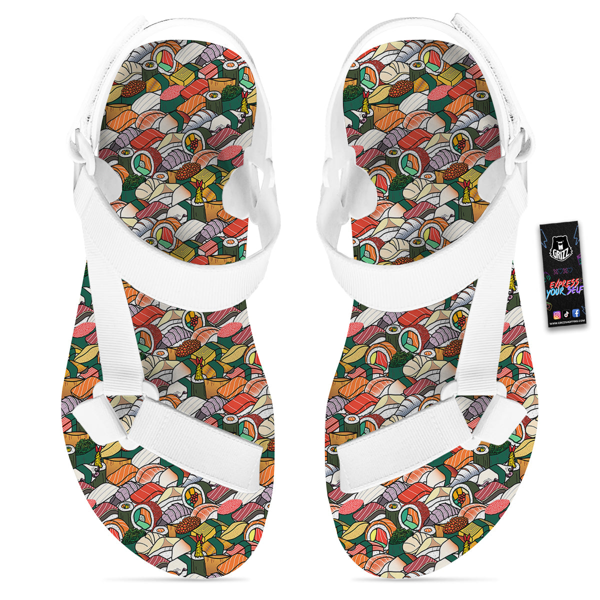 Sushi Japanese Colorful Print Pattern White Open Toe Sandals-grizzshop