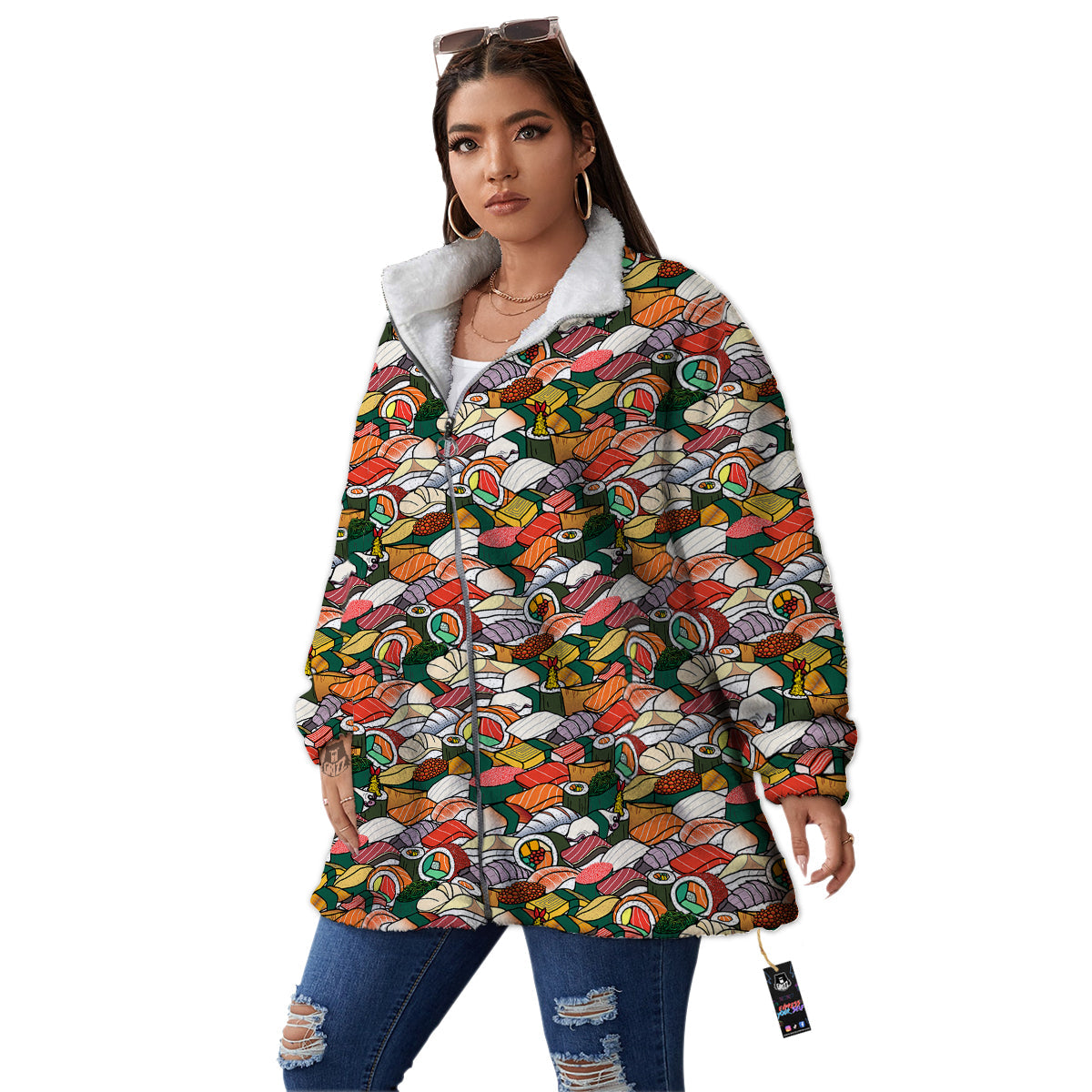 Sushi Japanese Colorful Print Pattern Women's Sherpa Jacket-grizzshop