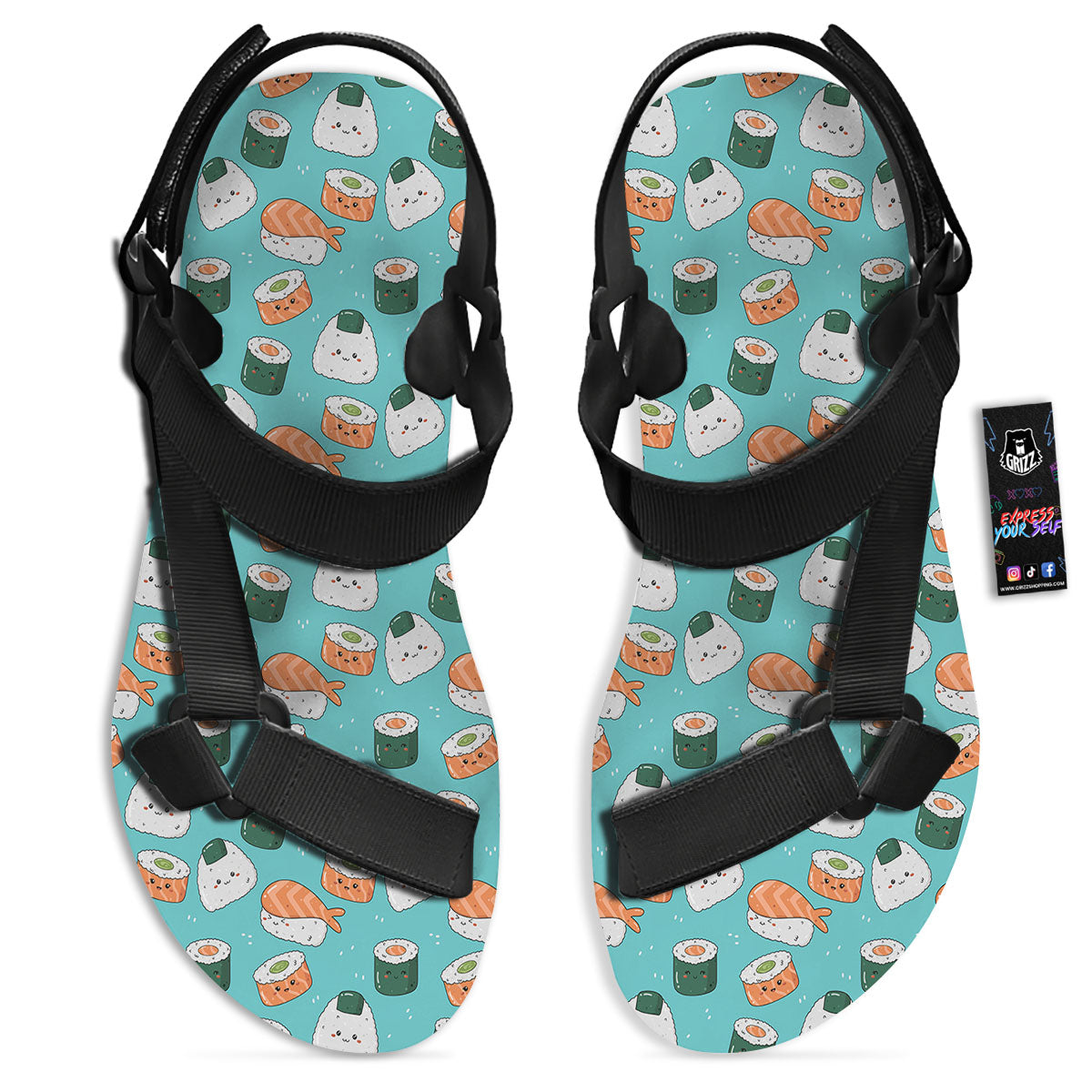 Sushi Kawaii Japanese Print Pattern Black Open Toe Sandals-grizzshop