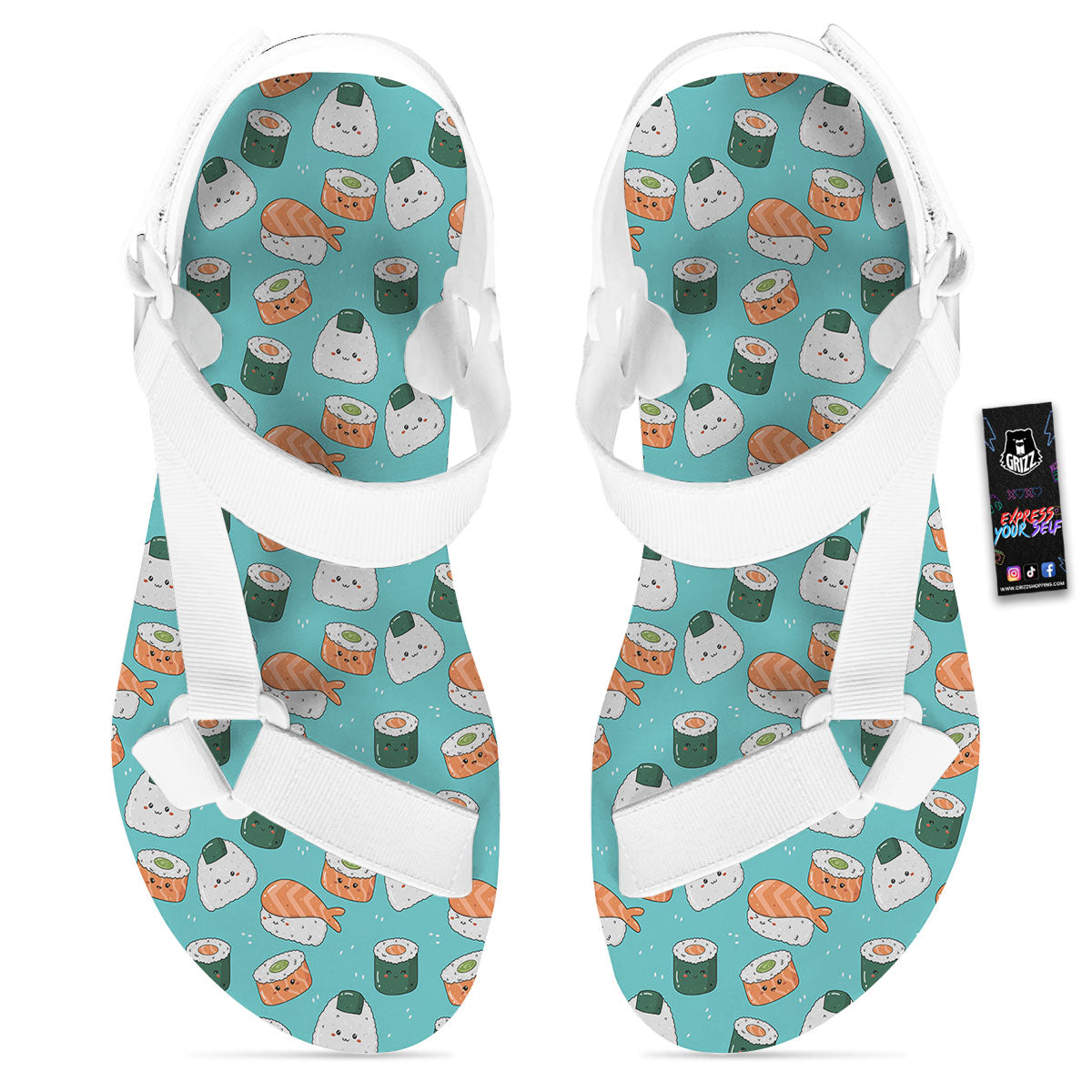 Sushi Kawaii Japanese Print Pattern White Open Toe Sandals-grizzshop