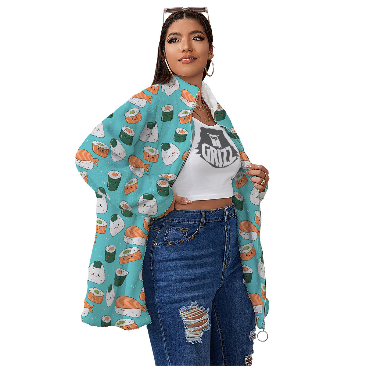 Sushi Kawaii Japanese Print Pattern Women's Sherpa Jacket-grizzshop