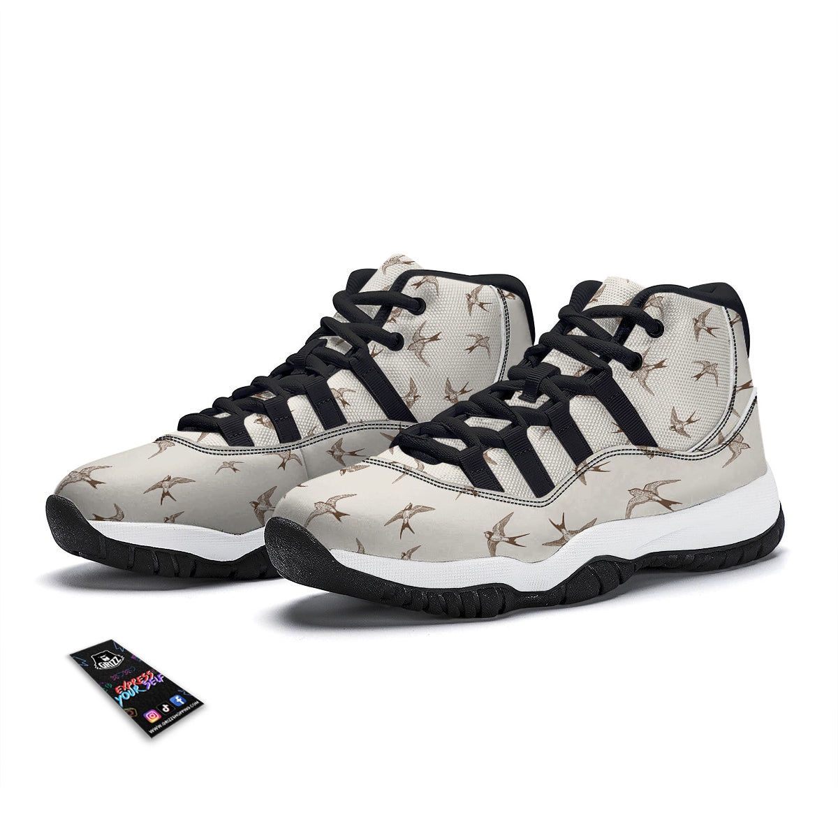 Swallow Print Pattern Black Bball Shoes-grizzshop