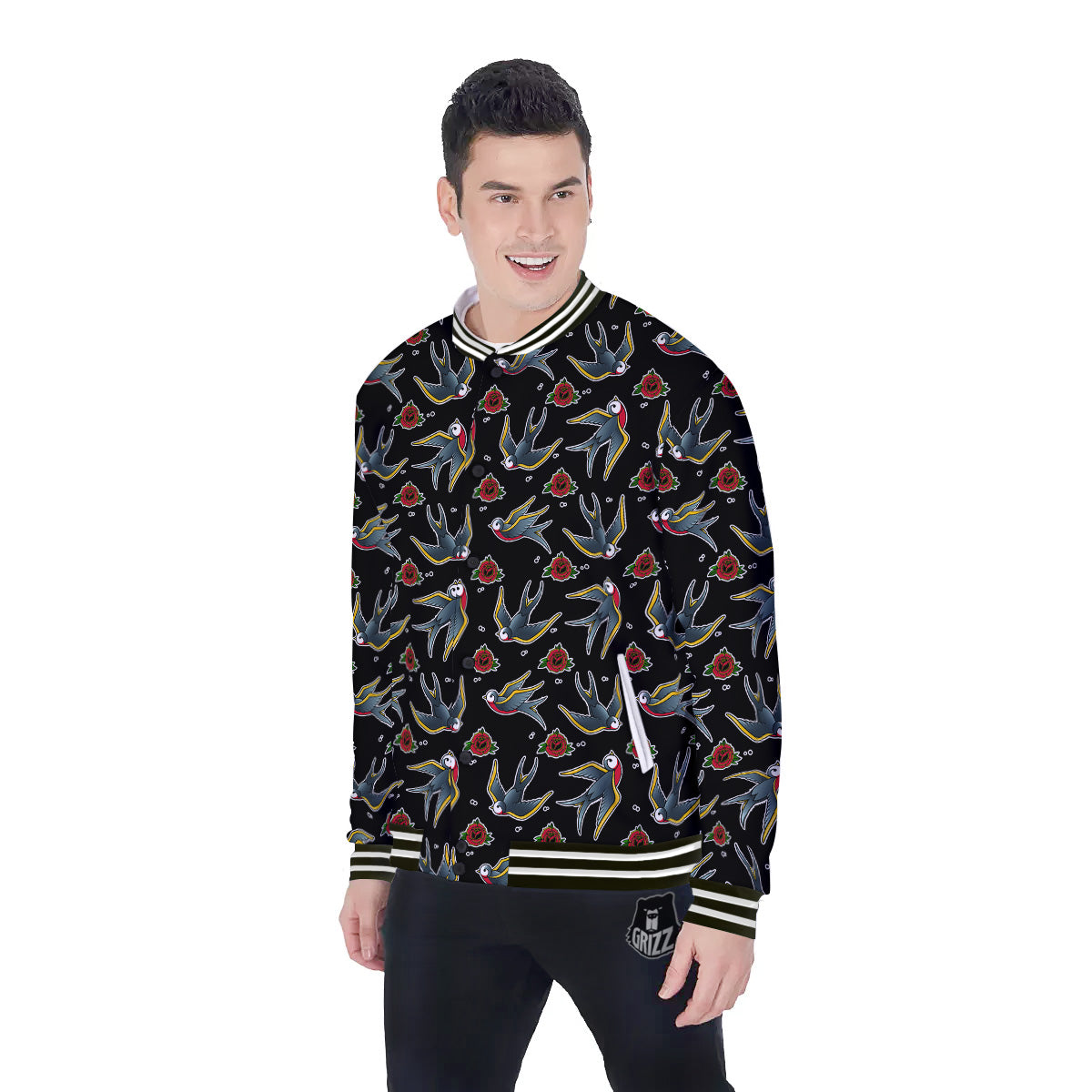 Swallows And Roses Tattoo Print Pattern Baseball Jacket-grizzshop