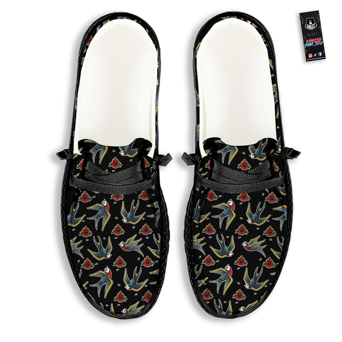 Swallows And Roses Tattoo Print Pattern Black Loafers-grizzshop