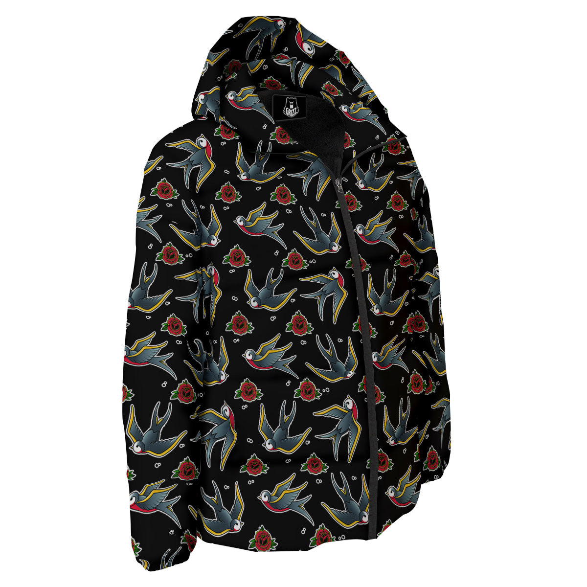 Swallows And Roses Tattoo Print Pattern Down Jacket-grizzshop