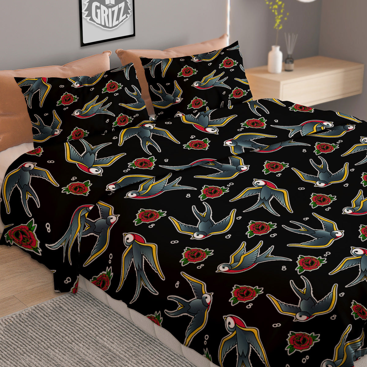 Swallows And Roses Tattoo Print Pattern Duvet Cover Bedding Set