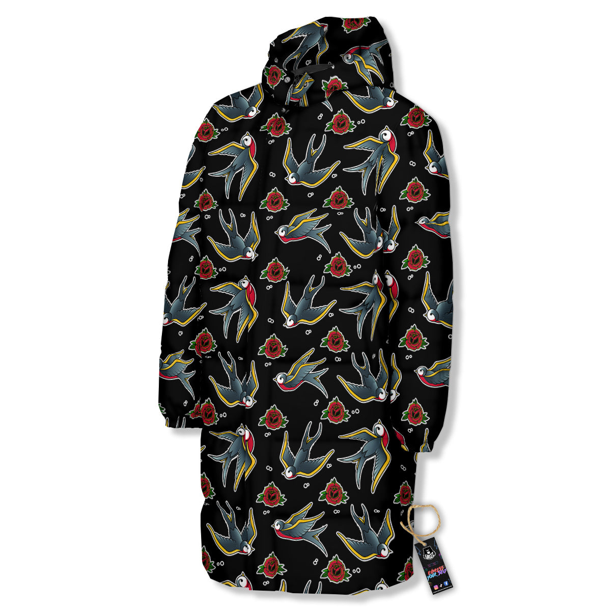 Swallows And Roses Tattoo Print Pattern Long Down Jacket-grizzshop