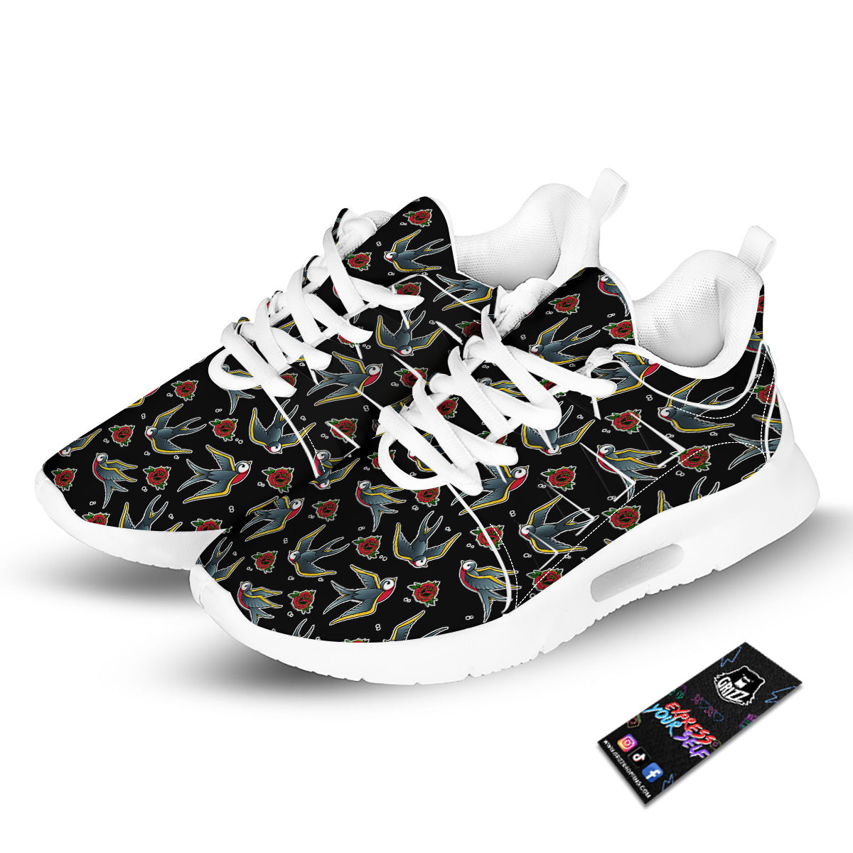 Swallows And Roses Tattoo Print Pattern Tennis Shoes-grizzshop