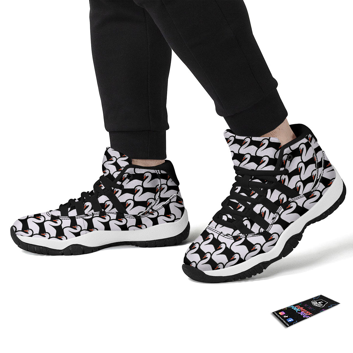 Swan Pattern Print Black Bball Shoes-grizzshop