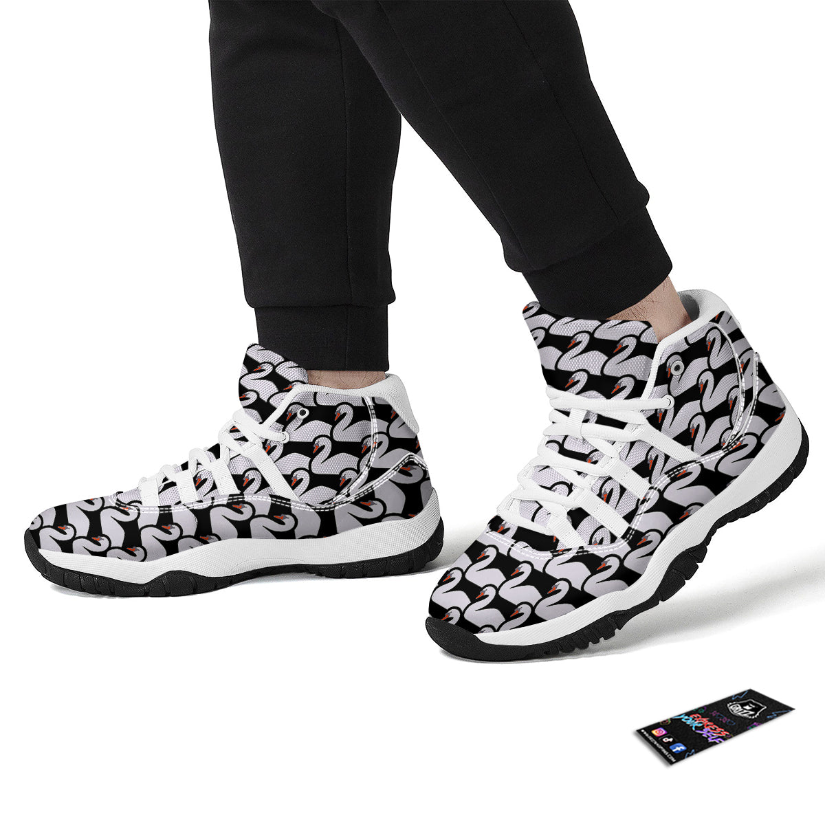 Swan Pattern Print White Bball Shoes-grizzshop