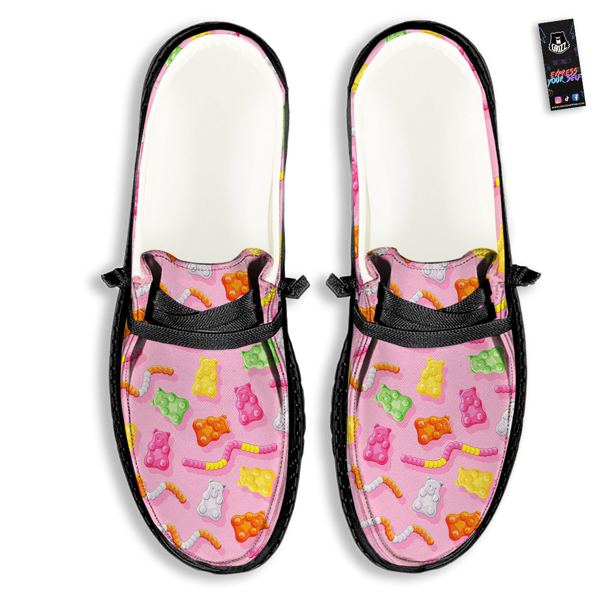 Sweet Gummy Bears And Worms Print Pattern Black Loafers-grizzshop