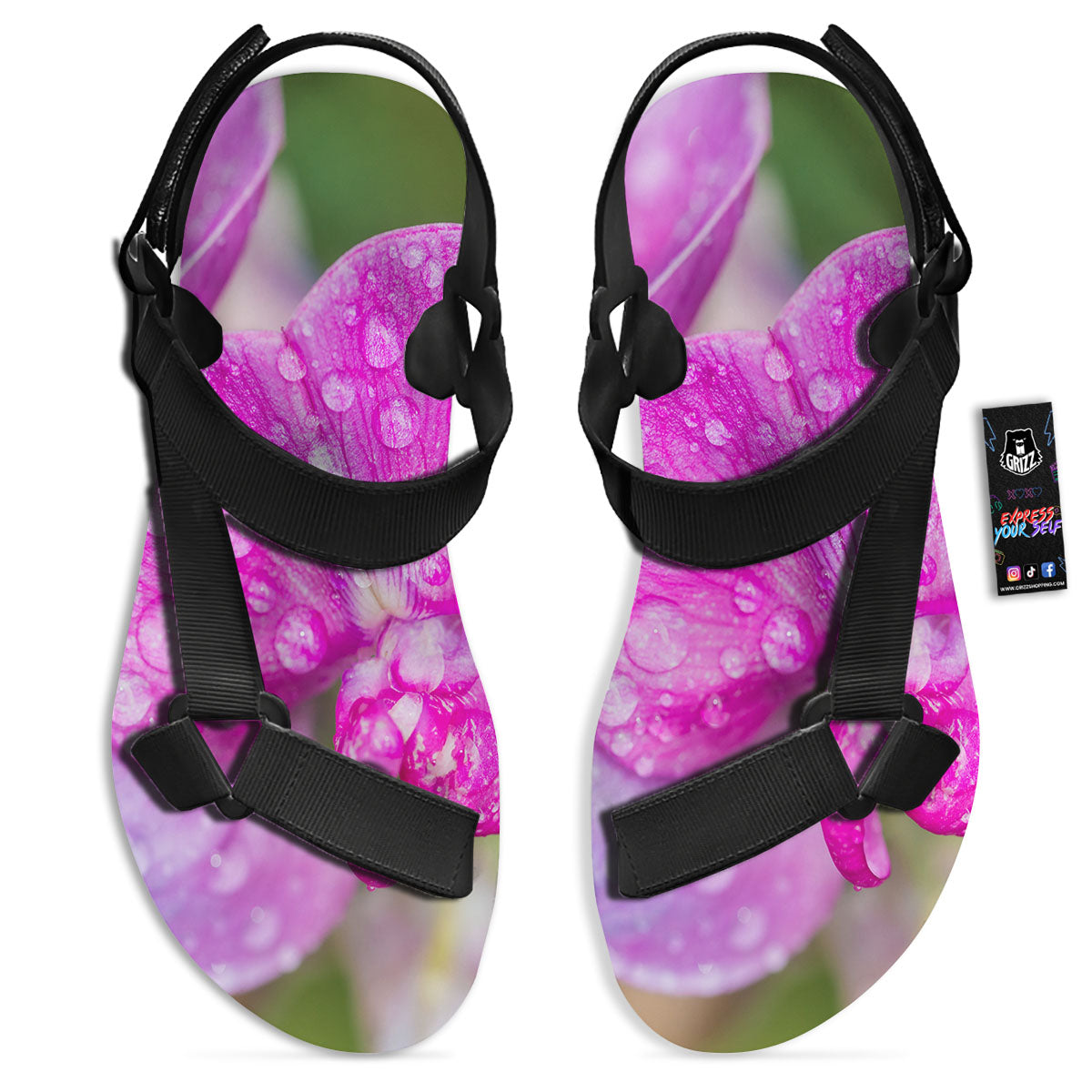 Sweet Pea Purple Print Black Open Toe Sandals-grizzshop
