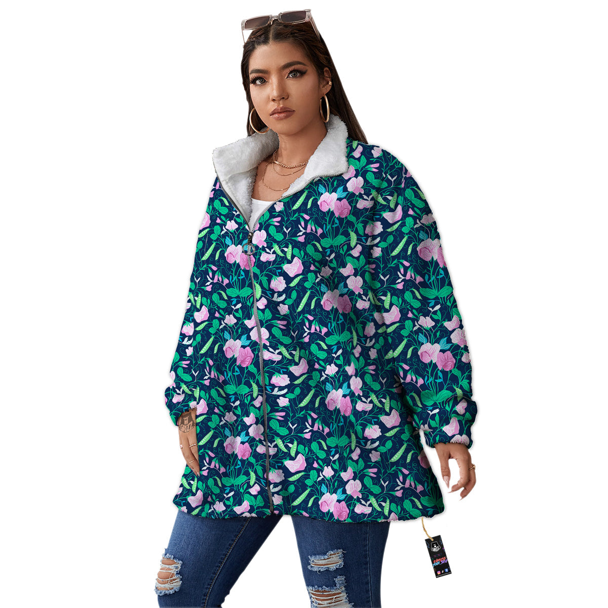 Sweet Pea Vintage Print Pattern Women's Sherpa Jacket-grizzshop