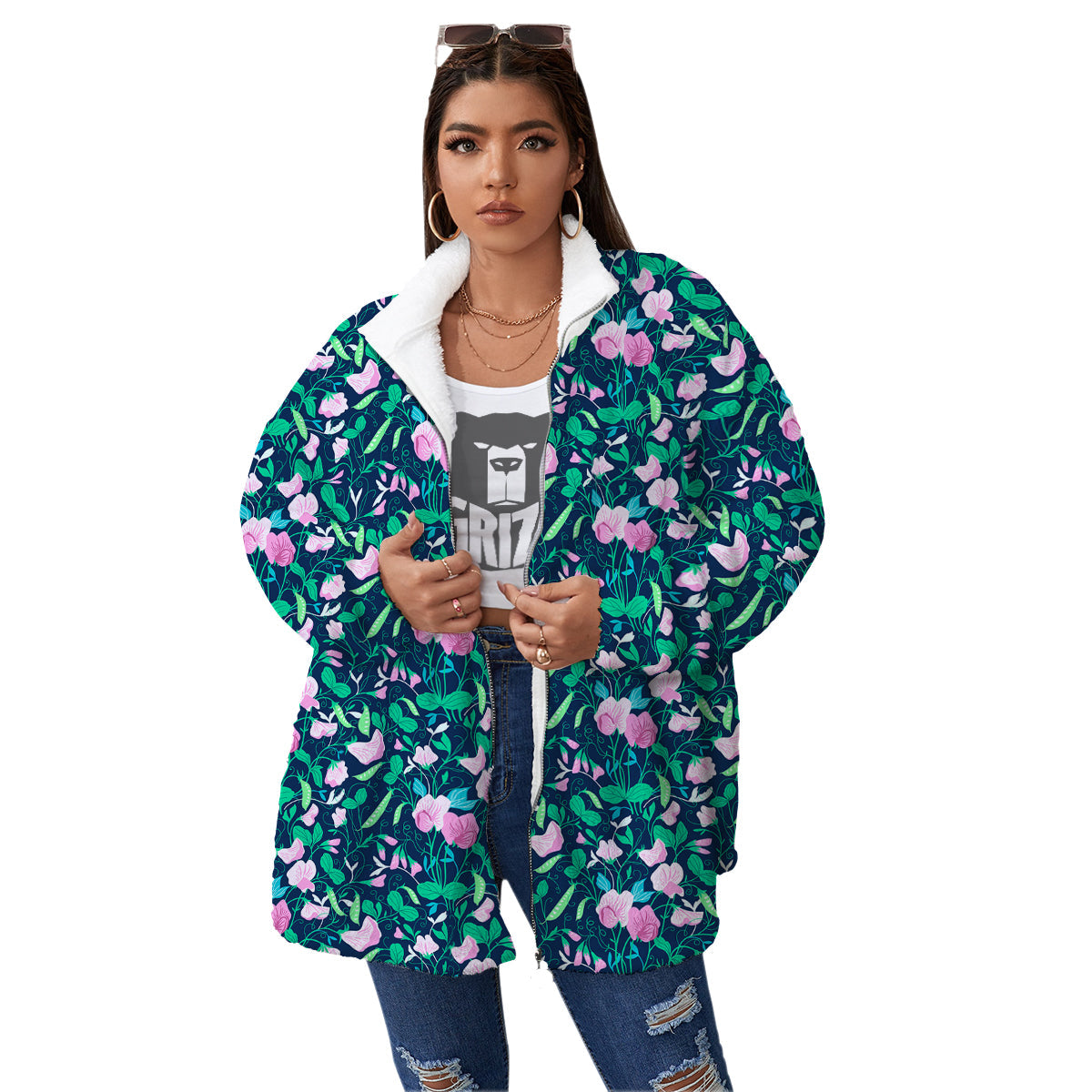 Sweet Pea Vintage Print Pattern Women's Sherpa Jacket-grizzshop