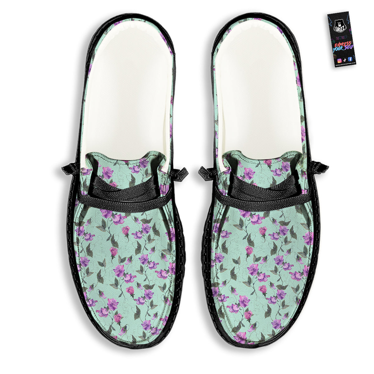Sweet Pea Watercolor Print Pattern Black Loafers-grizzshop