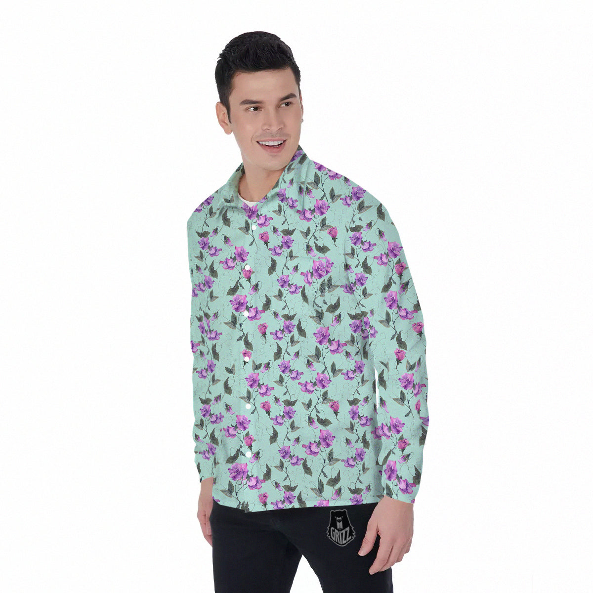 Sweet Pea Watercolor Print Pattern Men's Long Sleeve Shirts-grizzshop