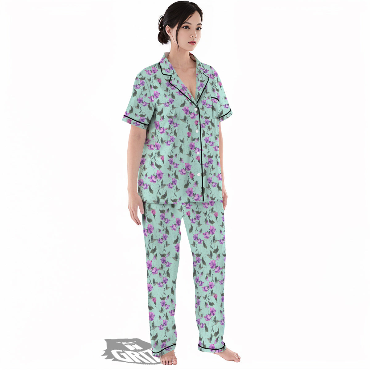 Sweet Pea Watercolor Print Pattern Women's Pajamas Set-grizzshop