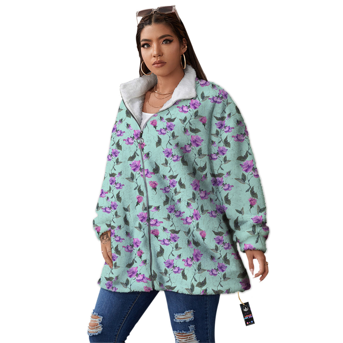Sweet Pea Watercolor Print Pattern Women's Sherpa Jacket-grizzshop