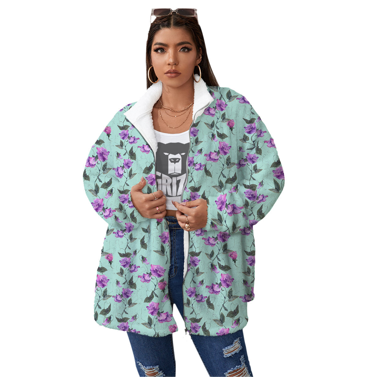 Sweet Pea Watercolor Print Pattern Women's Sherpa Jacket-grizzshop