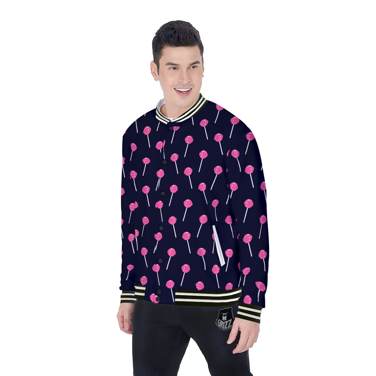 Sweet Pink Lollipop Print Pattern Baseball Jacket-grizzshop