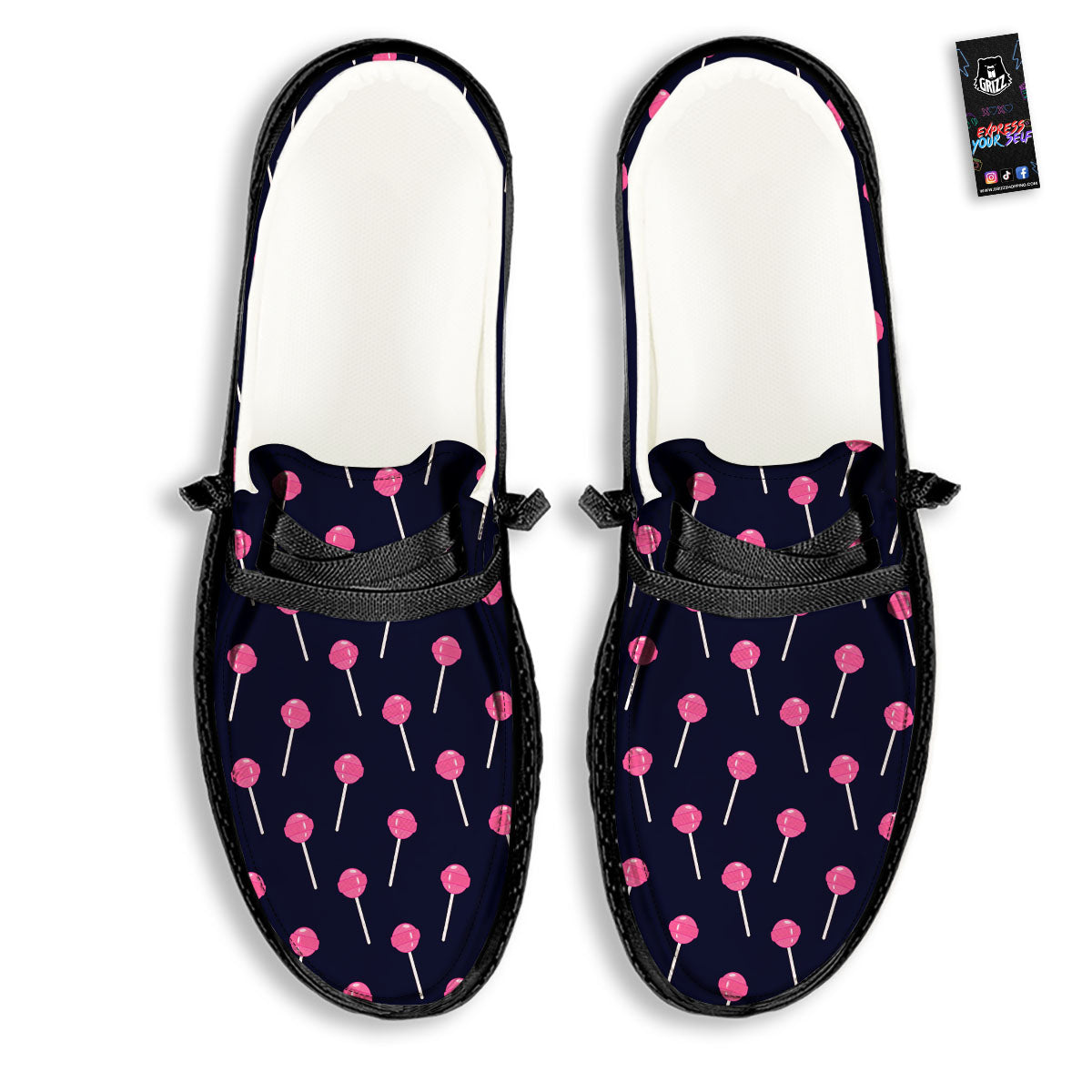 Sweet Pink Lollipop Print Pattern Black Loafers-grizzshop